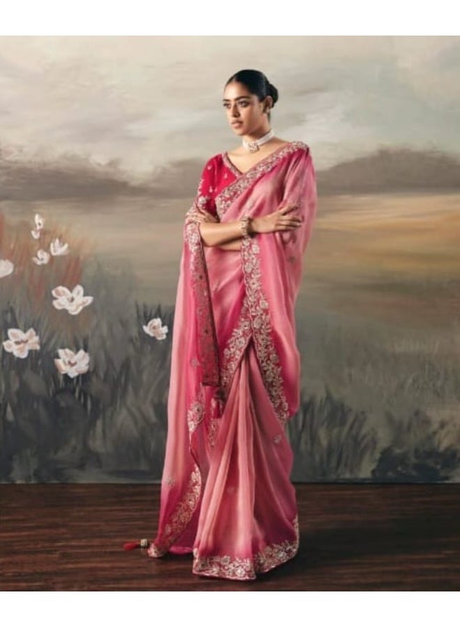 Grab Mantra Light Pink Tissue Silk Saree Dark At Border And Light In Center Plus Full Embroidery Unstitched Blouse - Image 4